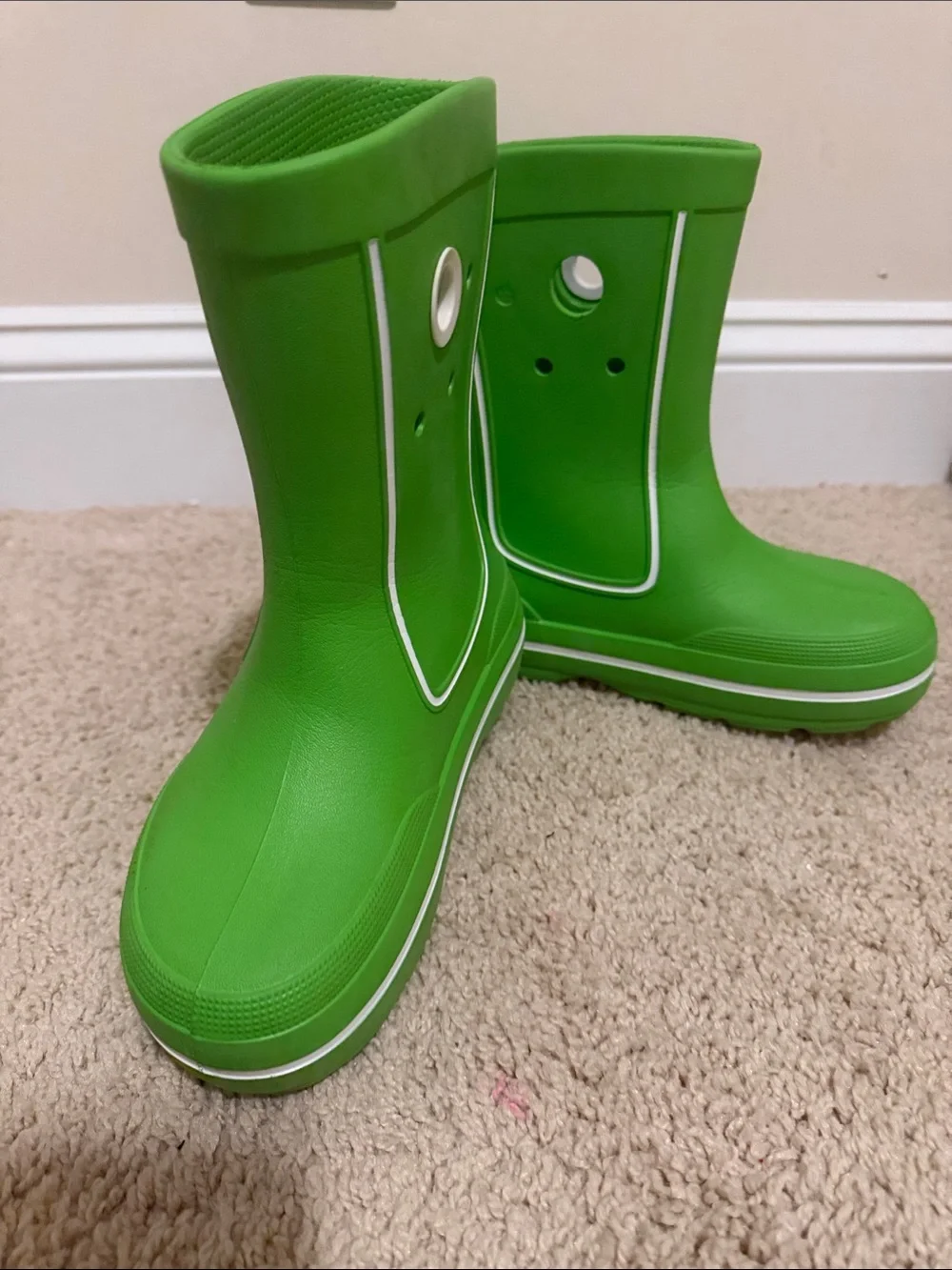 CROCS Kids Bright Green Waterproof Rain Boots with White Accents